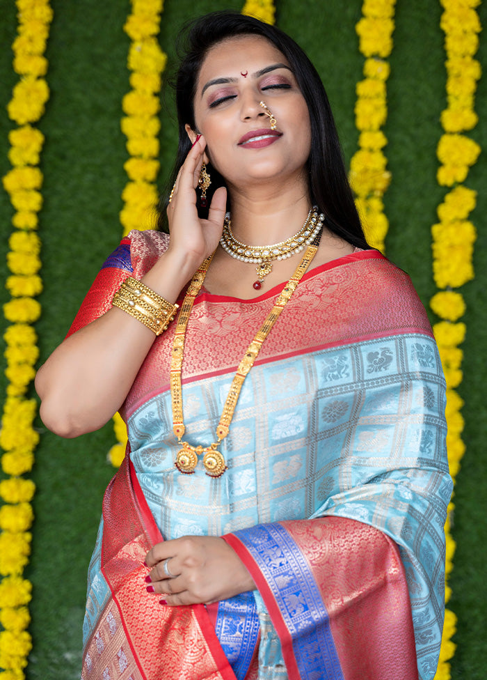 Sky Blue Kanchipuram Silk Saree With Blouse Piece