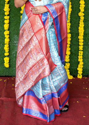 Sky Blue Kanchipuram Silk Saree With Blouse Piece