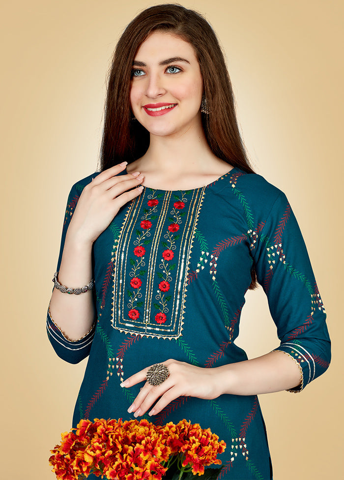 2 Pc Teal Readymade Viscose Kurti Set - Indian Silk House Agencies