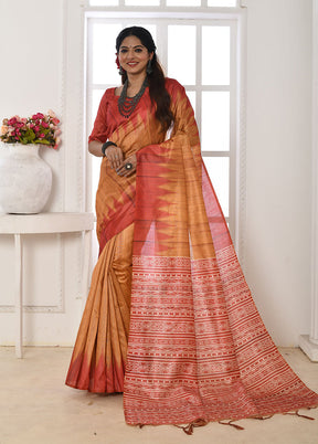 Mustard Tussar Silk Saree With Blouse Piece