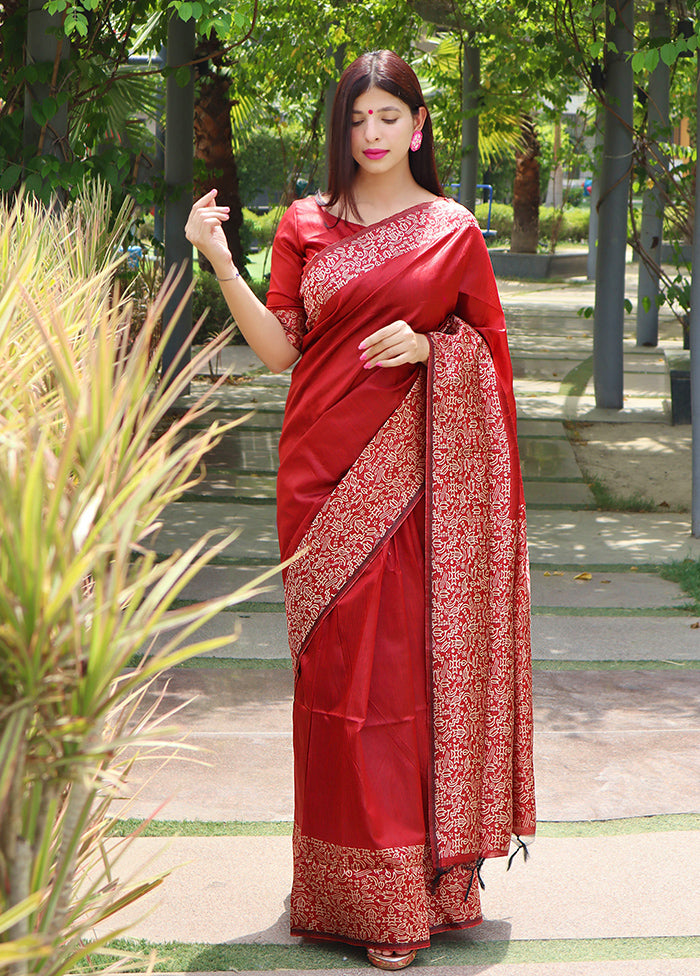 Red Spun Silk Saree With Blouse Piece