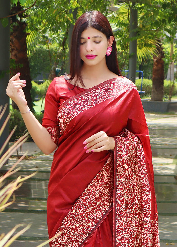 Red Spun Silk Saree With Blouse Piece