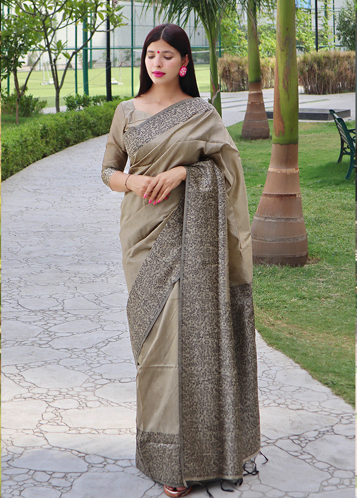 Cream Spun Silk Saree With Blouse Piece