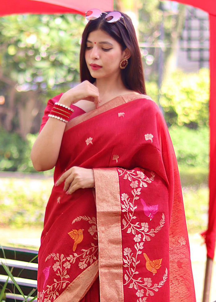 Red Linen Silk Saree With Blouse Piece