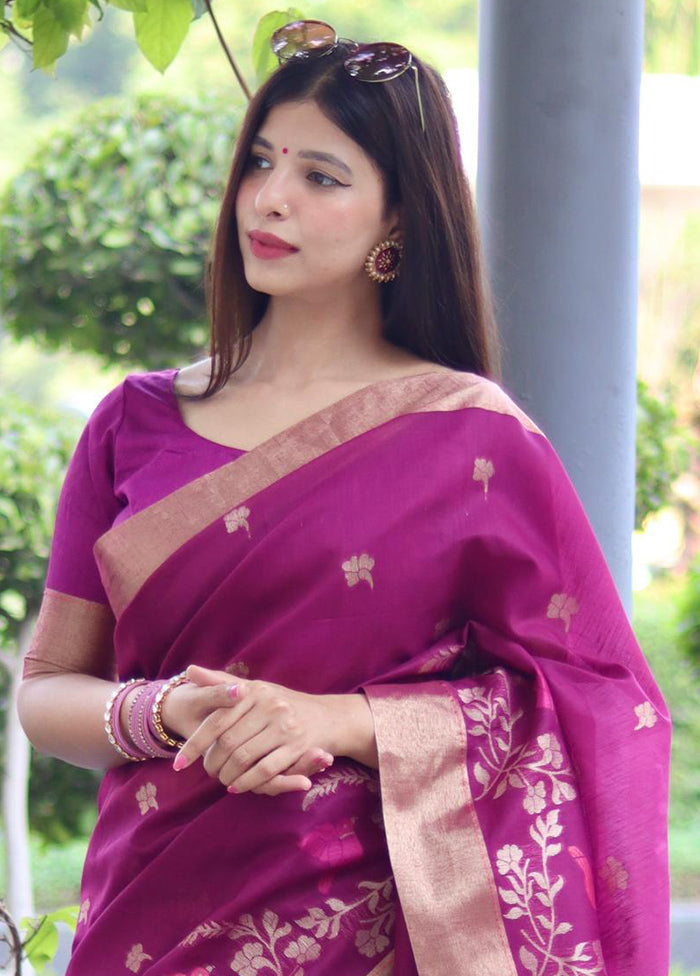 Magenta Linen Silk Saree With Blouse Piece