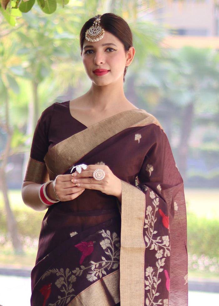 Coffee Linen Silk Saree With Blouse Piece