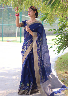 Blue Linen Silk Saree With Blouse Piece