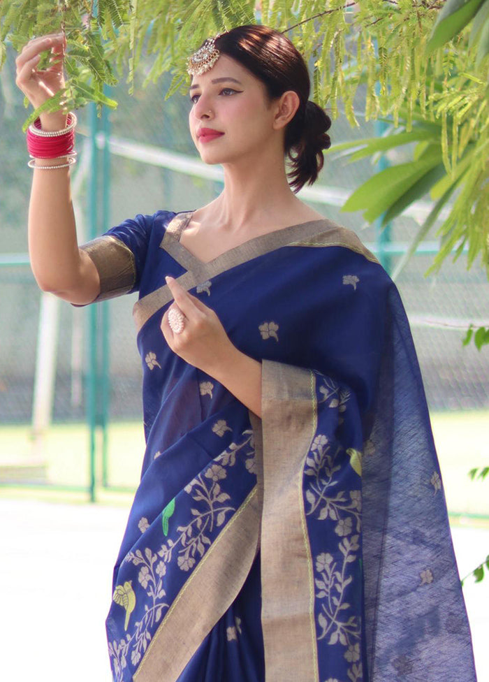 Blue Linen Silk Saree With Blouse Piece