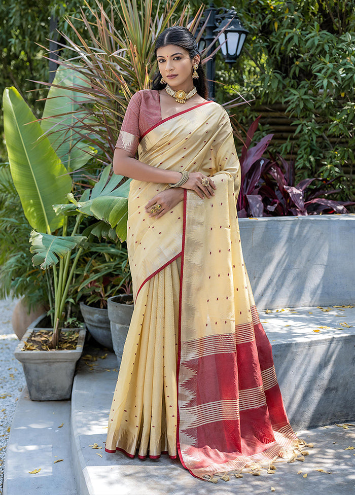 Cream Tussar Silk Saree With Blouse Piece