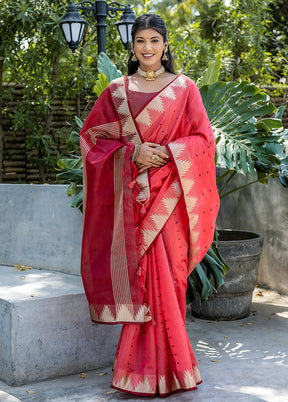 Coral Tussar Silk Saree With Blouse Piece