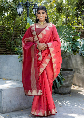 Coral Tussar Silk Saree With Blouse Piece