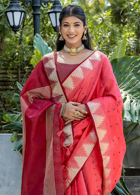 Coral Tussar Silk Saree With Blouse Piece