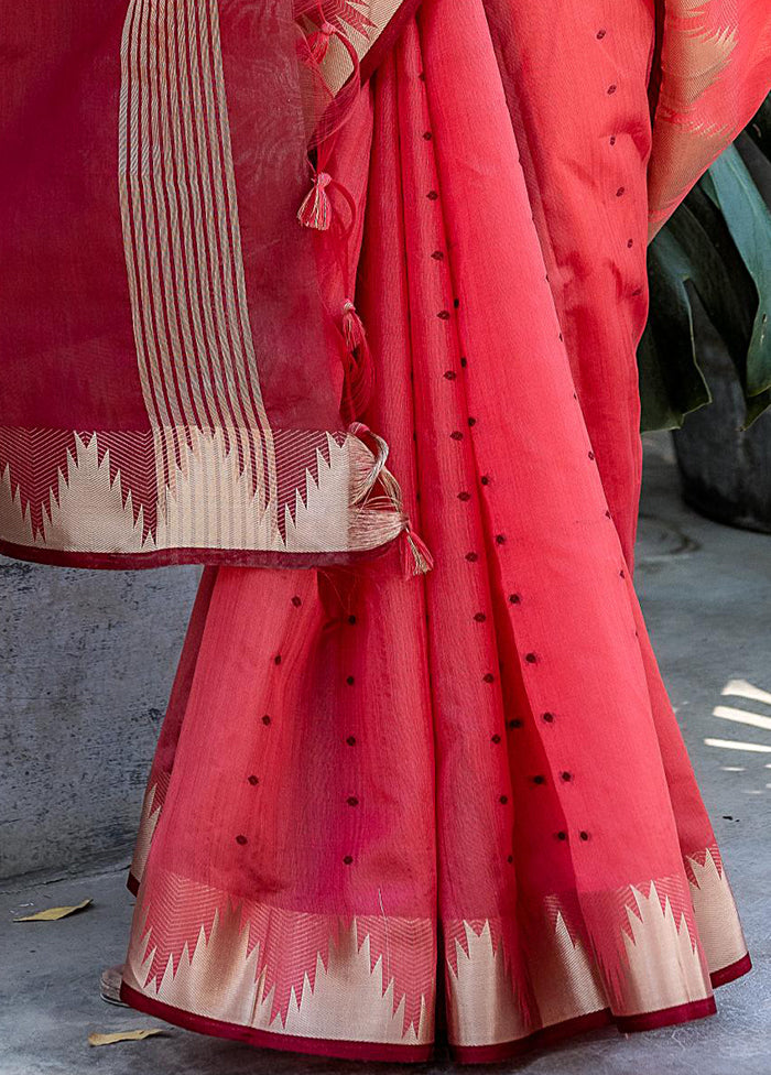 Coral Tussar Silk Saree With Blouse Piece