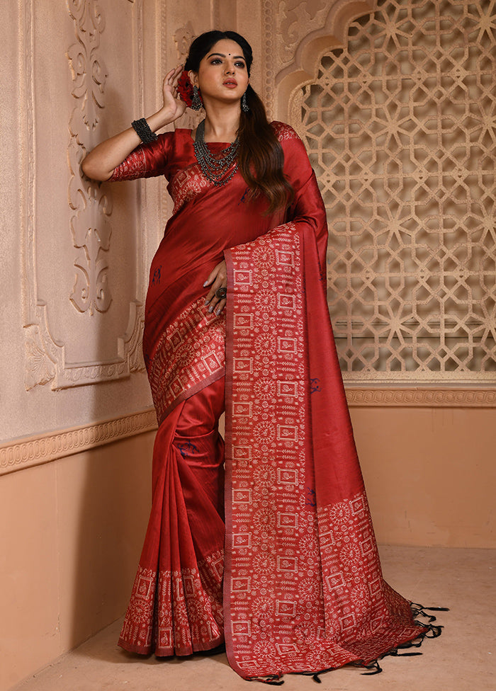 Red Spun Silk Saree With Blouse Piece