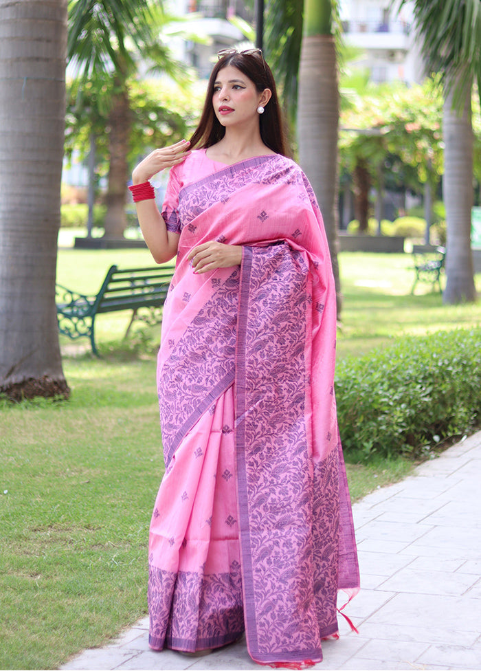 Baby Pink Spun Silk Saree With Blouse Piece