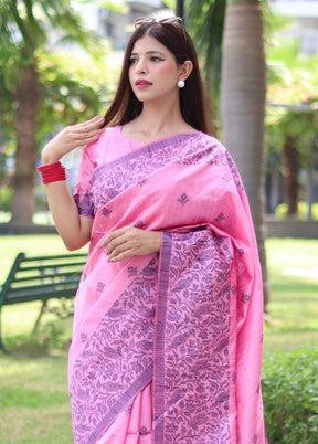 Baby Pink Spun Silk Saree With Blouse Piece