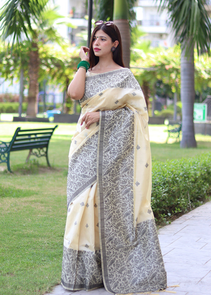 Cream Spun Silk Saree With Blouse Piece