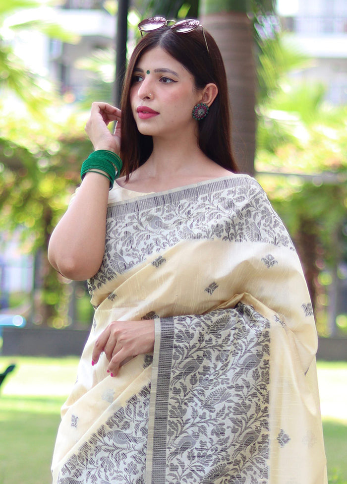 Cream Spun Silk Saree With Blouse Piece