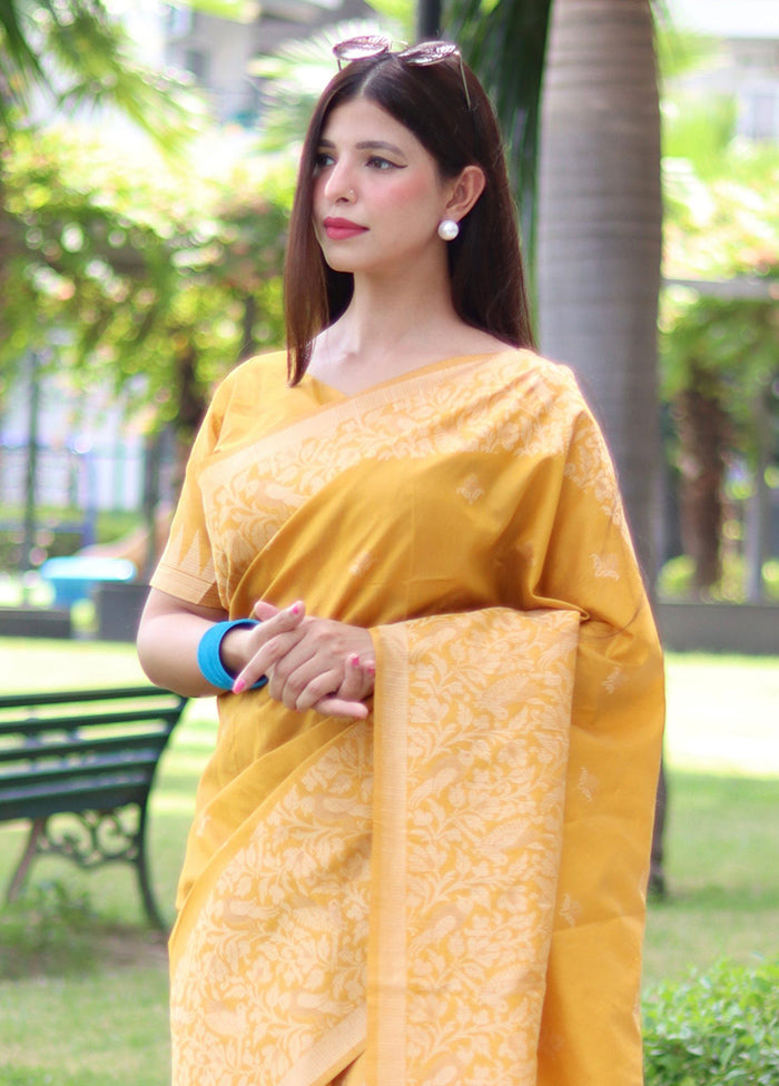 Yellow Spun Silk Saree With Blouse Piece