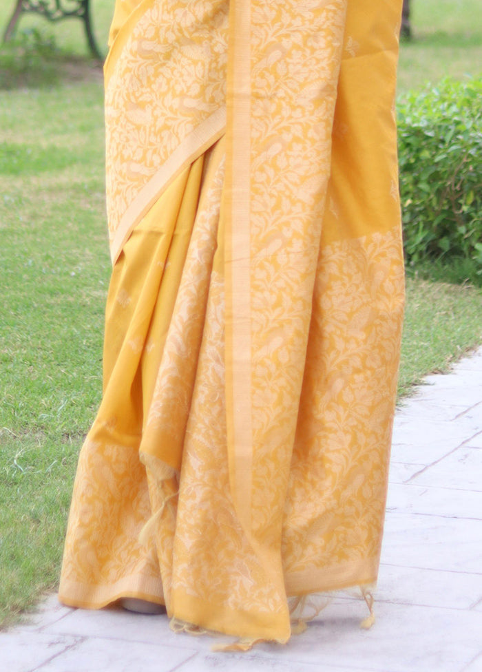 Yellow Spun Silk Saree With Blouse Piece