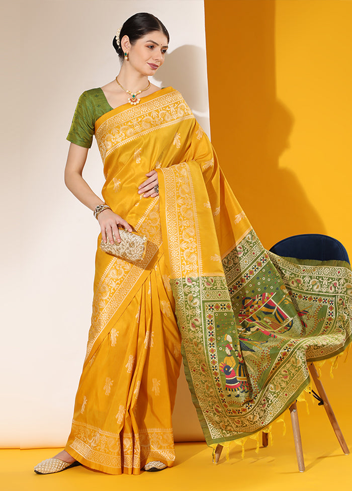 Yellow Spun Silk Saree With Blouse Piece