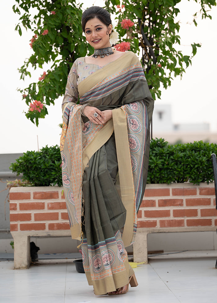 Green Tussar Silk Saree With Blouse Piece