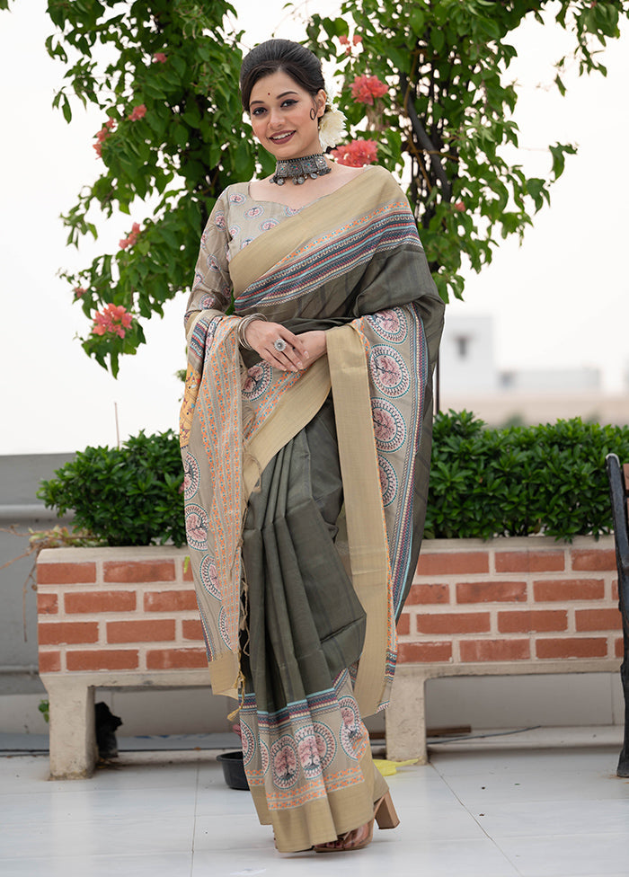 Green Tussar Silk Saree With Blouse Piece