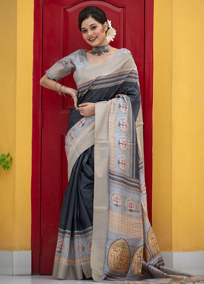 Black Tussar Silk Saree With Blouse Piece