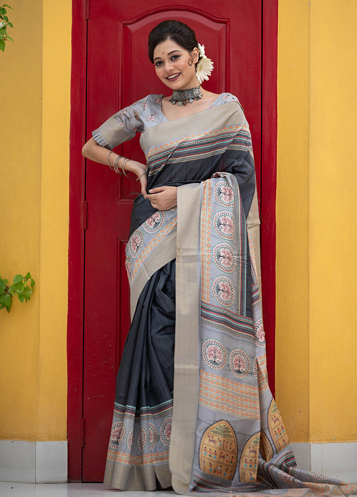 Black Tussar Silk Saree With Blouse Piece