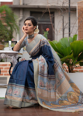 Navy Blue Tussar Silk Saree With Blouse Piece