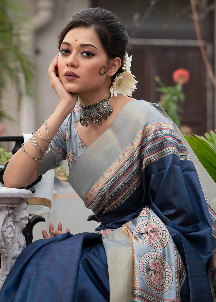 Navy Blue Tussar Silk Saree With Blouse Piece