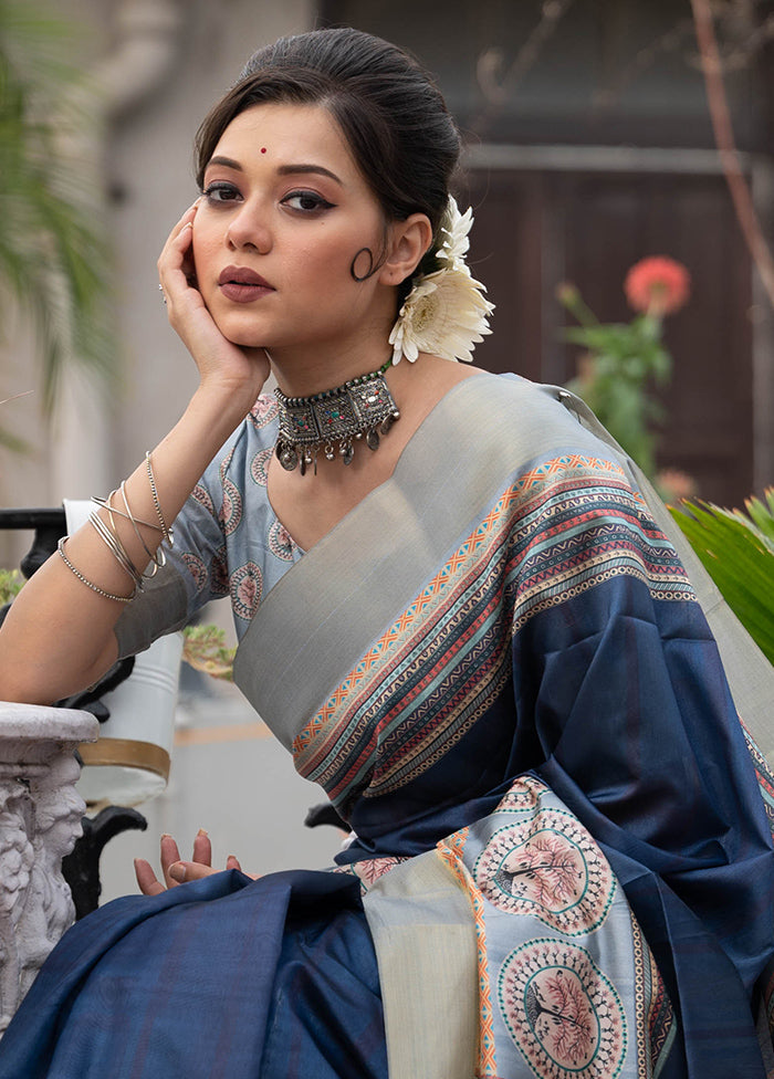 Navy Blue Tussar Silk Saree With Blouse Piece