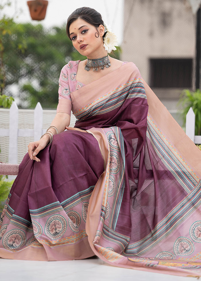 Wine Tussar Silk Saree With Blouse Piece