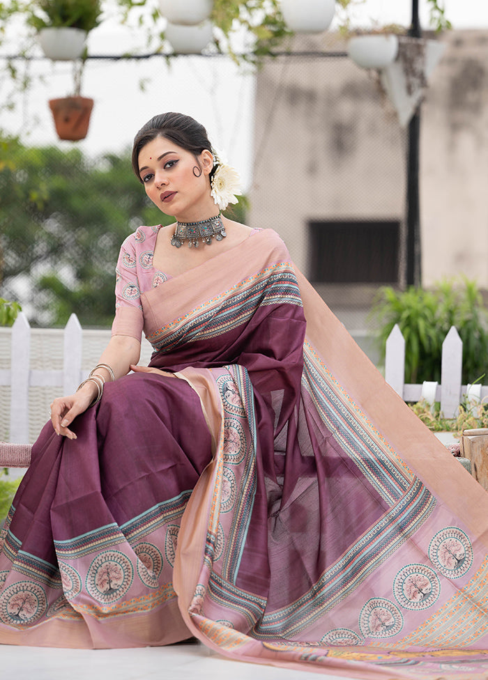 Wine Tussar Silk Saree With Blouse Piece