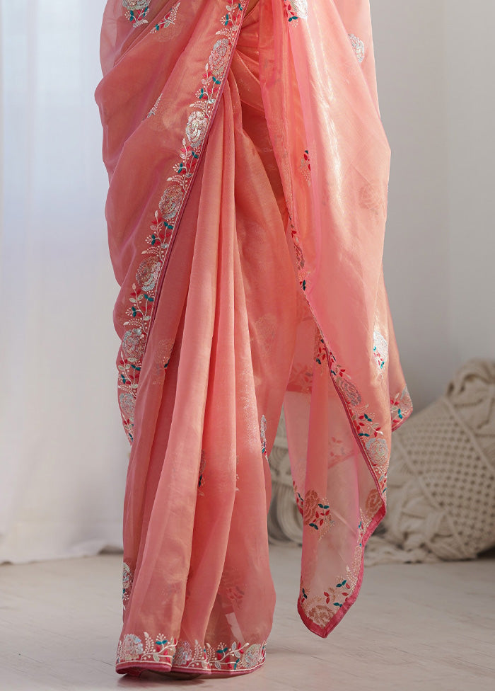 Peach Net Net Saree With Blouse Piece