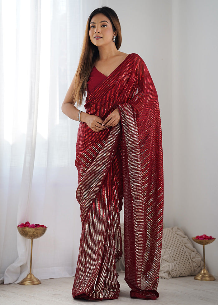 Maroon Georgette Saree With Blouse Piece