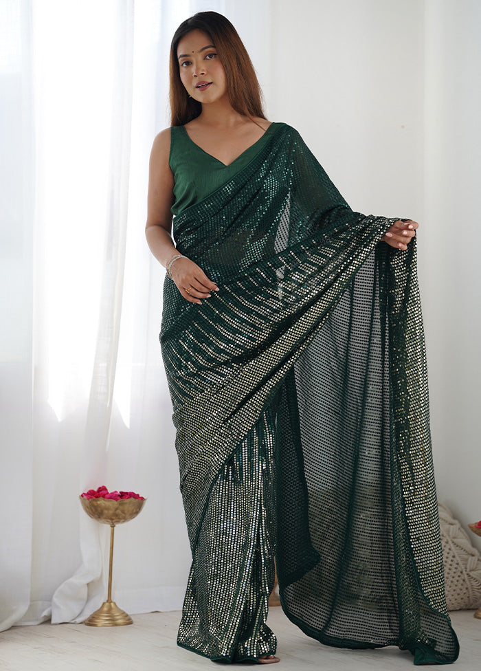 Bottle Green Georgette Saree With Blouse Piece