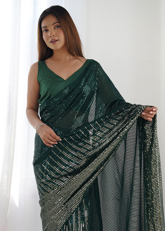 Bottle Green Georgette Saree With Blouse Piece