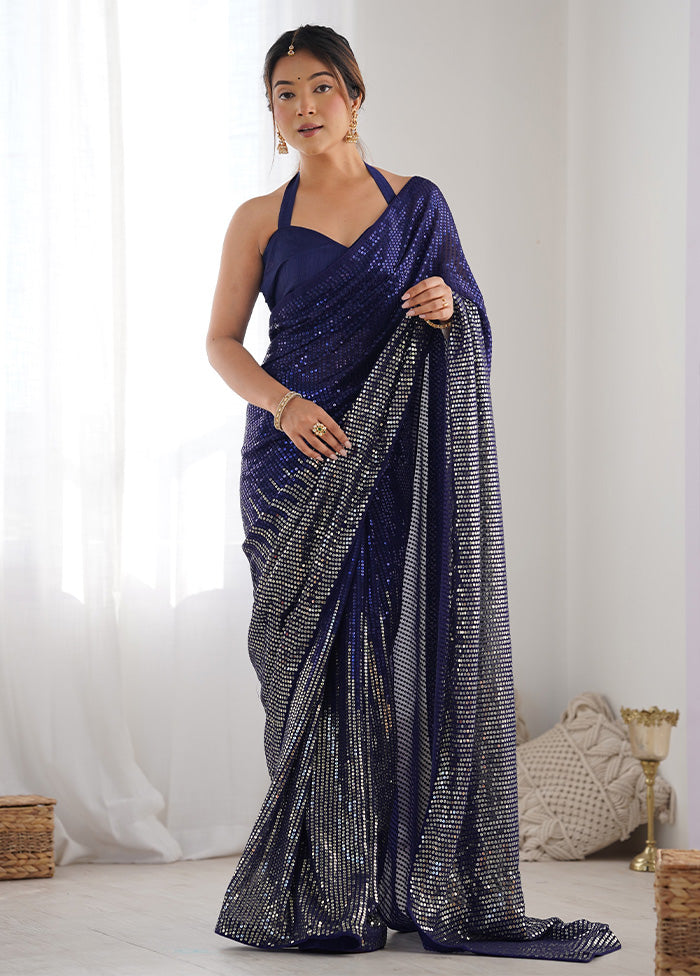 Navy Blue Georgette Saree With Blouse Piece