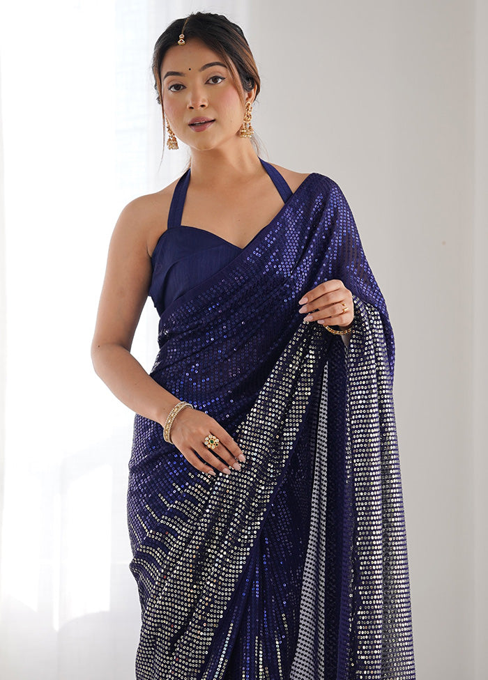 Navy Blue Georgette Saree With Blouse Piece