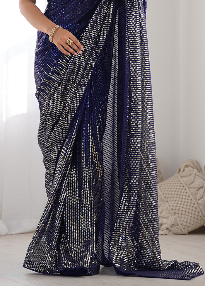 Navy Blue Georgette Saree With Blouse Piece