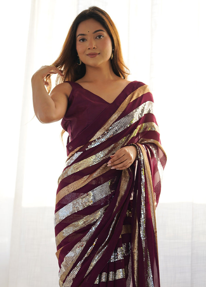 Wine Georgette Saree With Blouse Piece