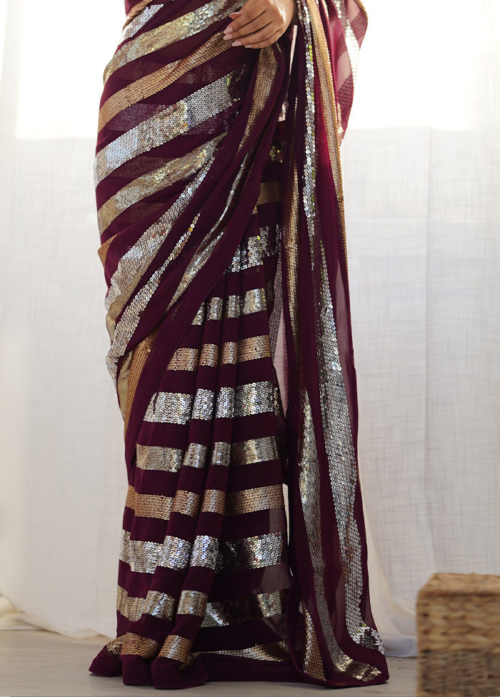 Wine Georgette Saree With Blouse Piece