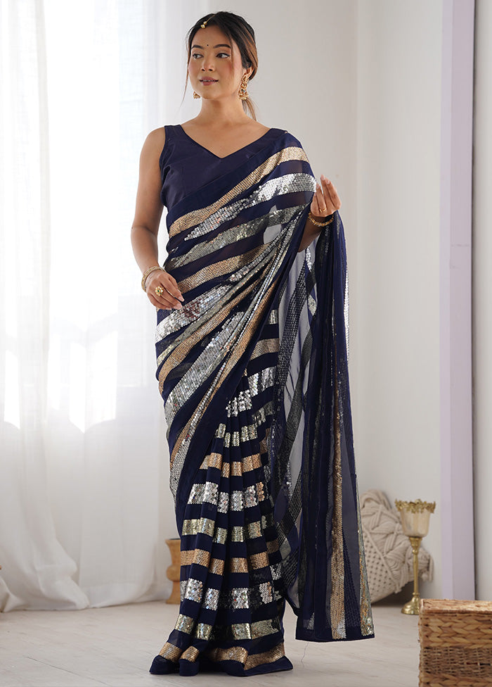 Navy Blue Georgette Saree With Blouse Piece