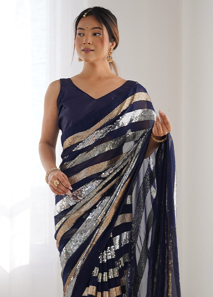 Navy Blue Georgette Saree With Blouse Piece