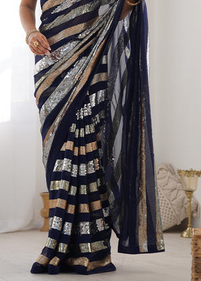 Navy Blue Georgette Saree With Blouse Piece