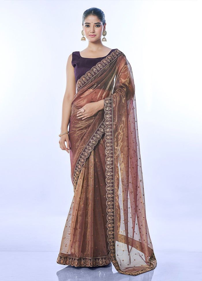 Brown Net Net Saree With Blouse Piece