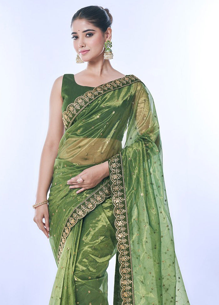 Green Net Net Saree With Blouse Piece