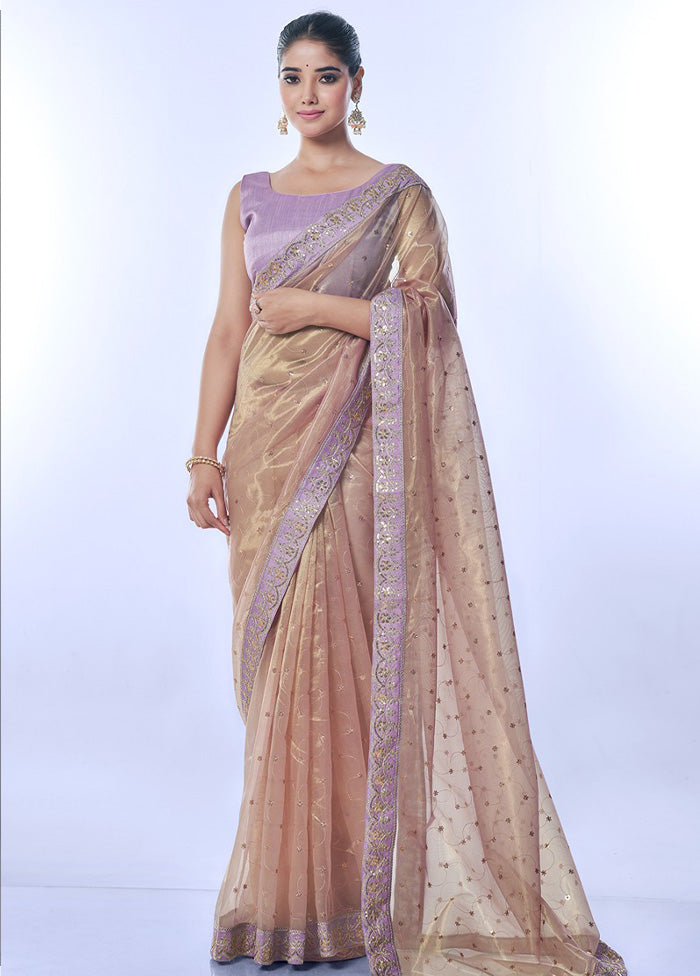 Cream Net Net Saree With Blouse Piece