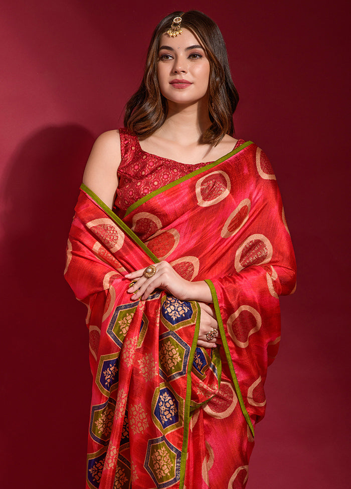 Red Dupion Silk Saree With Blouse Piece - Indian Silk House Agencies